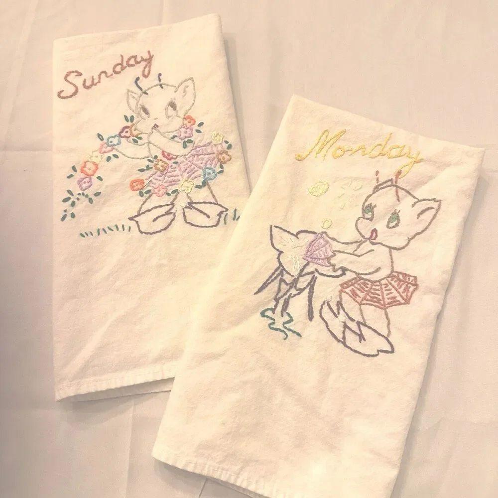2 Dish Tea Towel Set Embroidered Days of the Week Pixie Elves Anthropomorphic